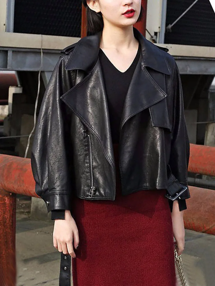 2022 Summer Korean Leather Jacket Women Turndown Collar Chic PU Biker Jacket Female Outerwear Loose Streetwear Fashion Moto Coat