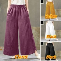 2022 retro womens loose fitting mid waist cotton and linen wide leg pants ninth pants womens pants fashion casual trousers