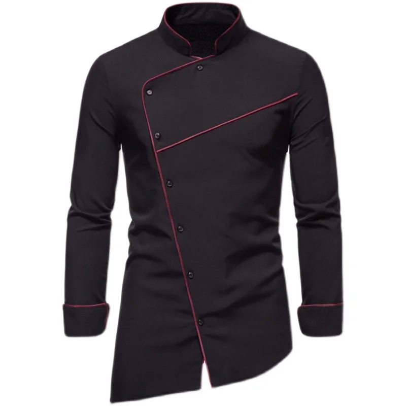 

#4650 Black White Red Long Sleeve Shirt Men Stand Collar Asymmetrical Shirt Oblique Buttons Irregular Mens Shirts Regular Fit