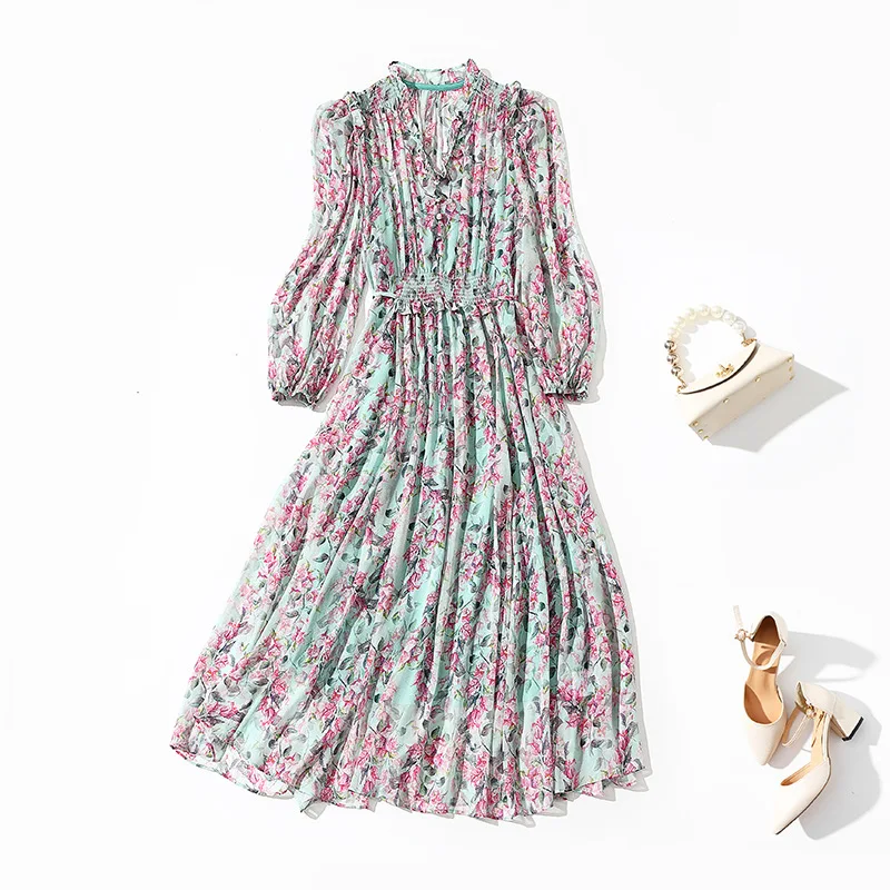 

Платье женское шелковое средней длины, романтическое французское платье с V-образным вырезом и поясом на резинке, лето 2022