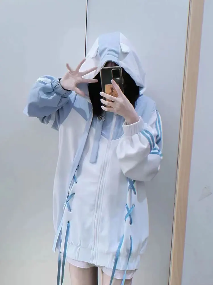 

Y2k Women Harajuku Streetwear Aesthetics Preppy Acubi Kawaii Blue Zipper Jacket Zip Up Hoodie Sweatshirt E-girl Tops 90s Clothes
