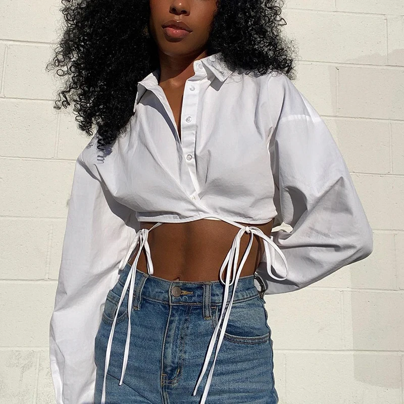 

Women Loose Button Down Lapel Shirts Long Sleeve V Neck Solid Color Cross Tie Up Crop Tops 2022 Streetwear