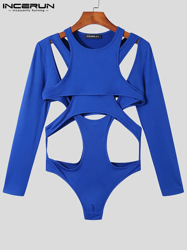 Stylsih Solid All-match Rompers INCERUN New Men's Hollow Onesies Fashio Male Jumpsuit Solid Long Sleeve Triangle Bodysuits S-5XL