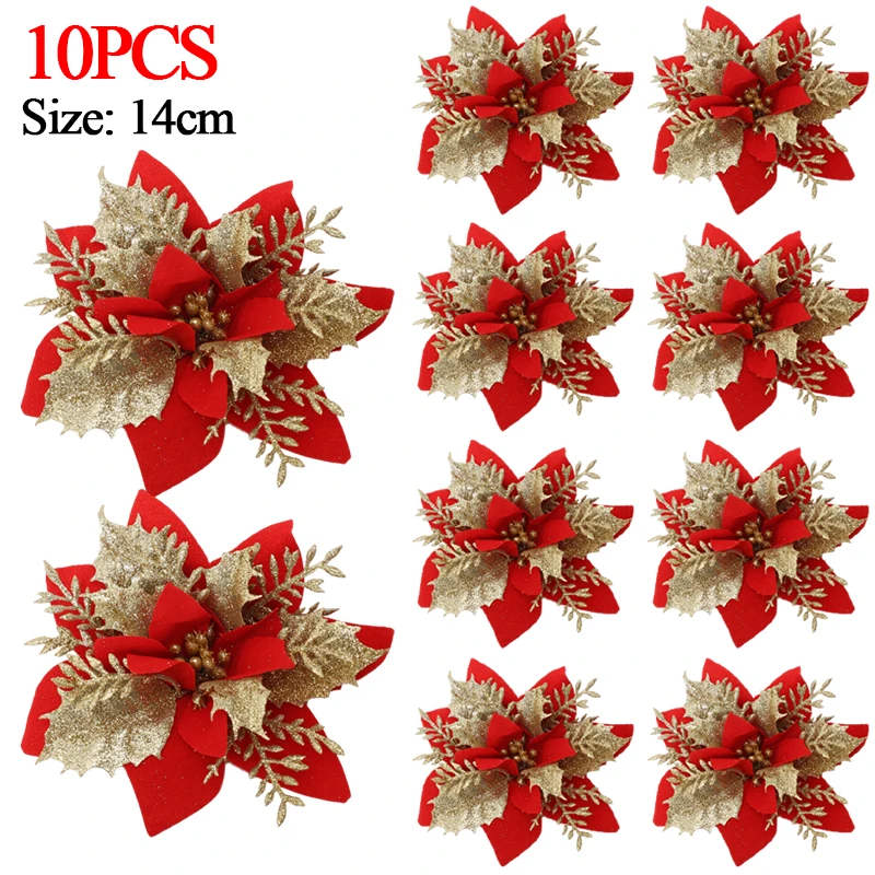 

Искусственные рождественские цветы Пуансеттия золото красный 10 шт