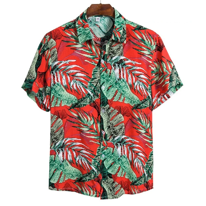 

Mens Red Green Leaf Print Hawaiian Floral Shirt Chemise Homme 2022 Brand Summer Short Sleeve Beach Aloha Shirts Men Beach Wear