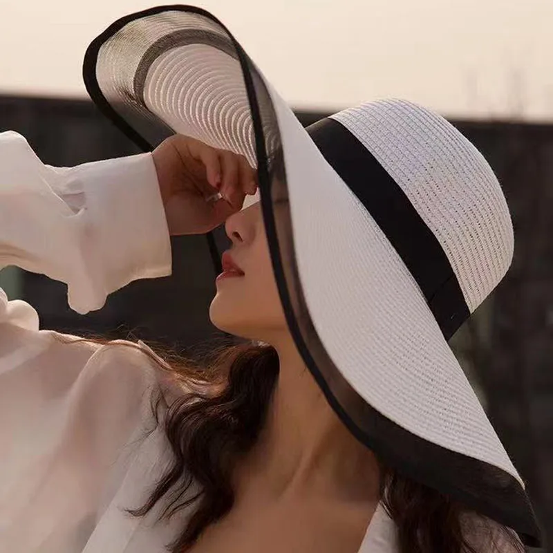 

Summer Straw Hats Wide Brim Breathable Sun Hat Women Seaside Mesh Brim Beach Hats UV Protection Foldable Sun Shade Cap Visor Hat