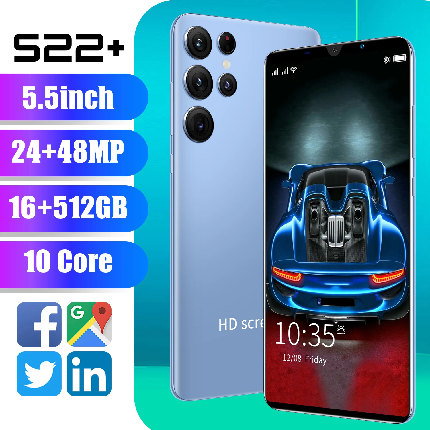Global Version S22 Smartphone 5.5 Inch 16GB+512GB 6800mAh 48MP 5G Dual Sim Cards Android OS 12 Unlock Wifi Phone+32G TF Card