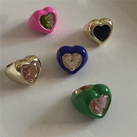 2021 ins style enamel spray paint large gemstone double heart rings for women fashion drip oil love finger ring