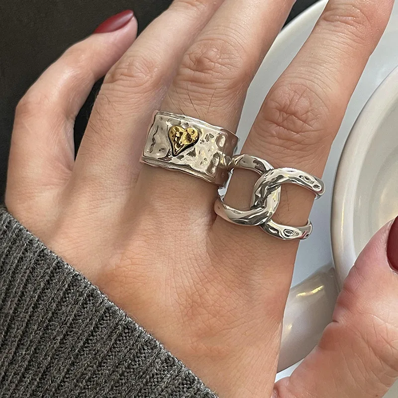 

925 Sterling Silver Geometric Irregular Heart Cross Rings for Women Bohemian Retro Adjustable Antique Personality Ring