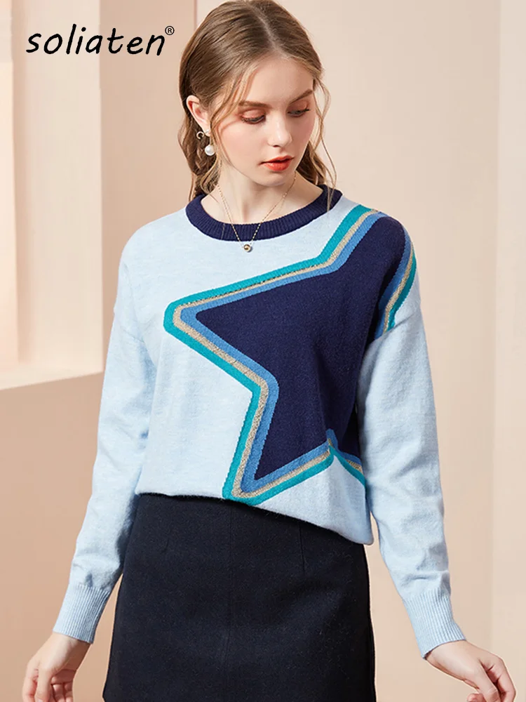 

2022 Harajuku Women Star Pattern Oversized Pullover Sweater Long Sleeve Knitted Jumper E-girl 90s Streetwear C-105
