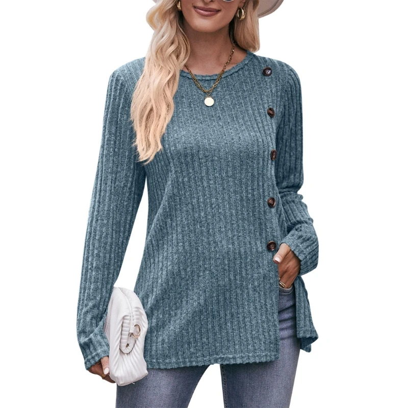 

Women's Long Sleeve Neck TunicsTops Buttons Side Casual TShirts Blouses Top 57BD