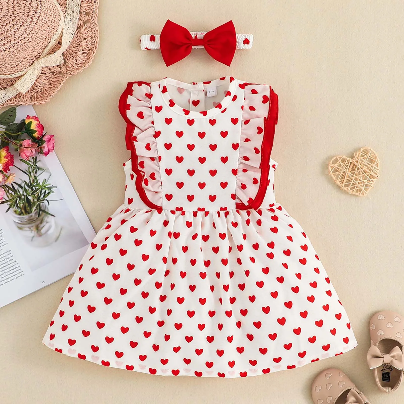 

0-3 Years Toddler Girls Princess Dresses Sleeveless Valentine's Day Party Dress Hearts Printed Ruffles Dress Headbands Sets
