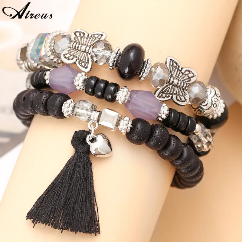 

3pcs/Set Antique Silver Plate Carve Butterfly Charm Bracelet for Women Bohemian Heart Black Stone Beads Chains Bracelets Set