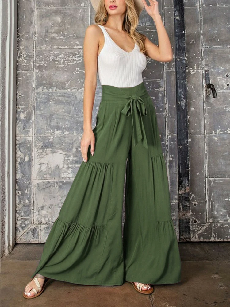 

Women's Fashion Pants Temperament with Elastic Waist Pleated Wide Leg Pants Casual Loose Women High Mopping Traf Streetwear