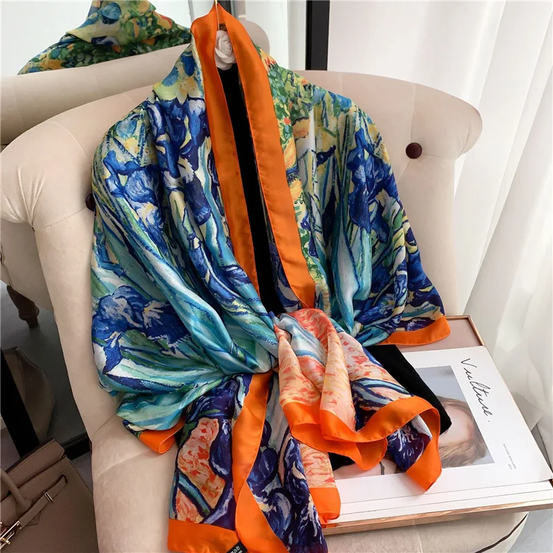 

2022 Silk Floral Print Summer Women's Scarf sun protection chiffon Bandana ladies Beach Cape Shawls Wraps Fashion Scarves Gif