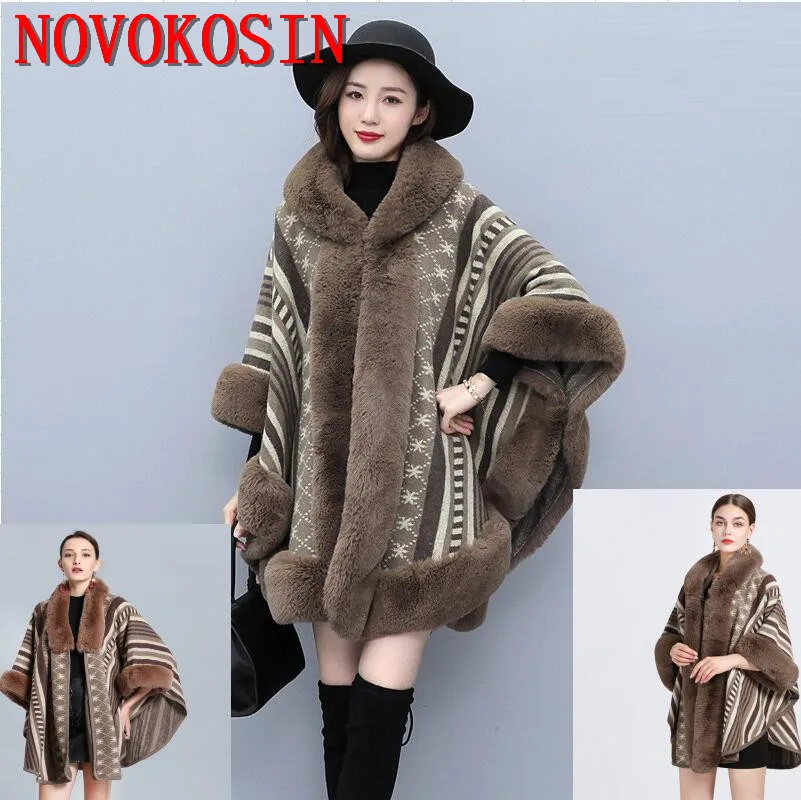 3 Style Oversize Women Winter Printed Batwing Sleeves Long Rabbit Fur Cardigan Coat With Hat Thick Poncho Outstreet Wear Capes