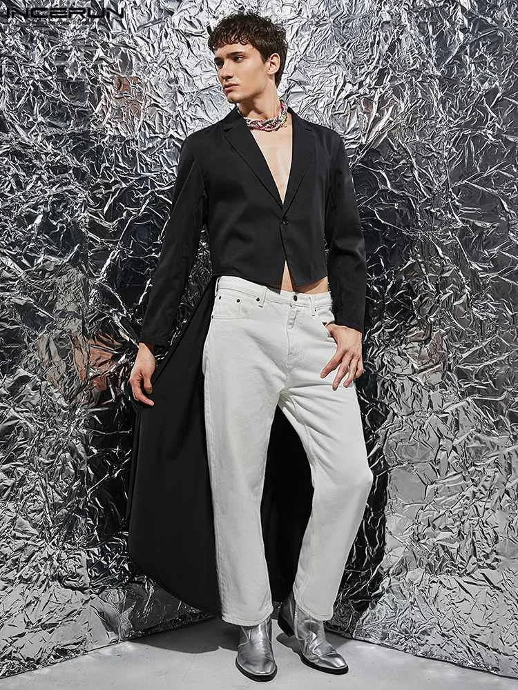

INCERUN Tops 2023 American Style Men's Short Front Back Long Blazer Stylish Personality Male Solid All-match Suit Jackets S-5XL
