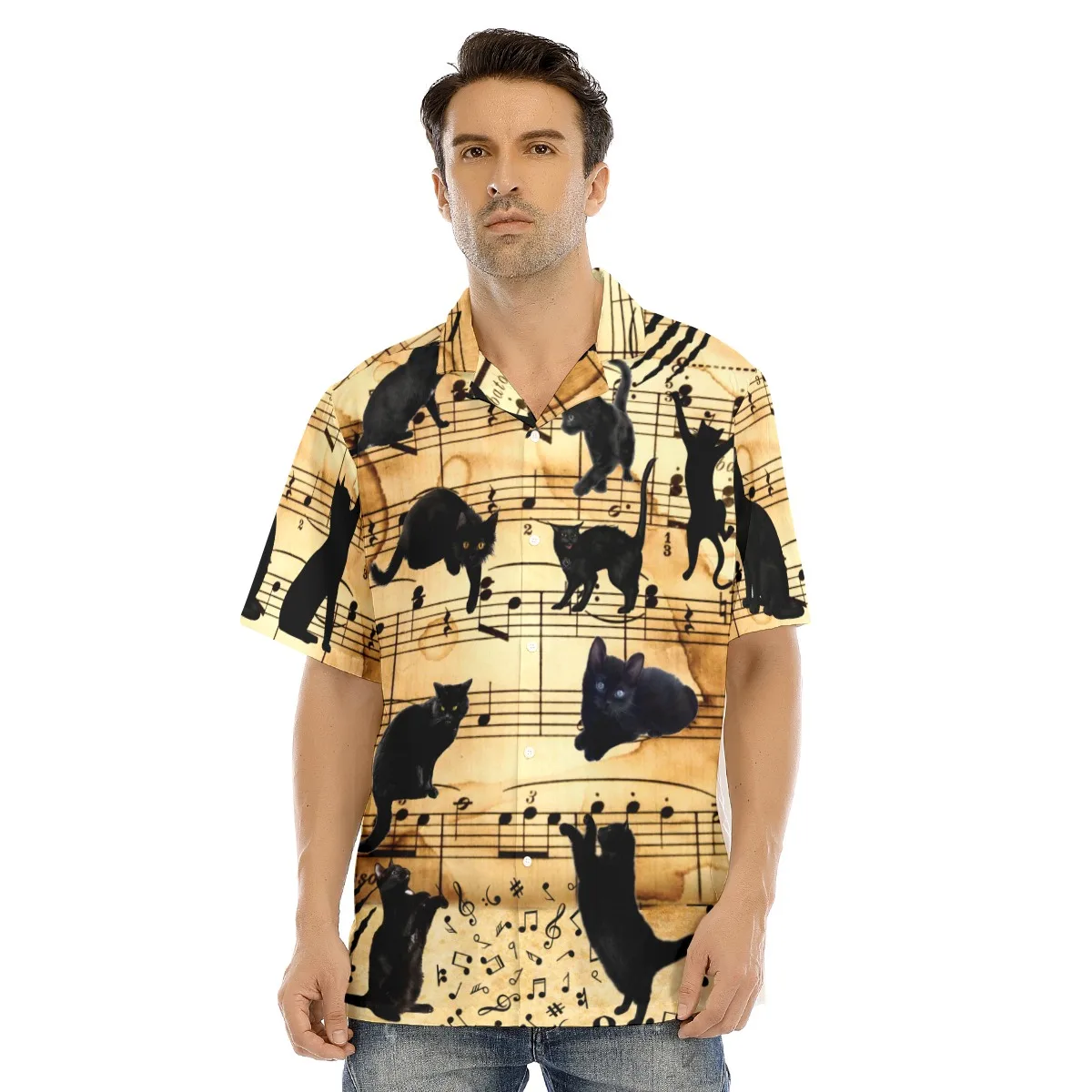 

New Men's Shirt Kawaii Black Cats Print 3D Hawaii Tops Vintage Color Clothing y2k Button Shirts Summer Oversize