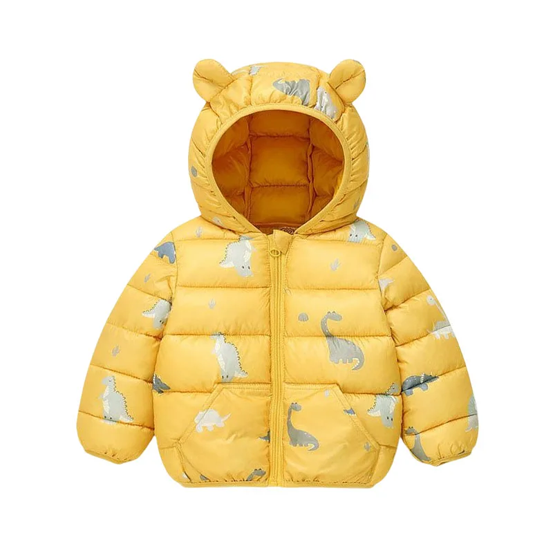 

Зимние теплые куртки и пальто желтого цвета с капюшоном, с рисунком динозавра