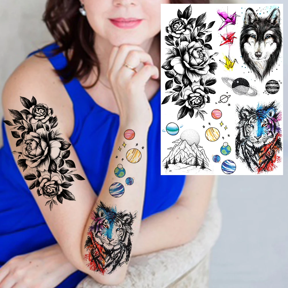 

Tiger Wolf Rose Flower Temporary Tattoos For Women Adult Girl Lion Tiger Planet Fake Tattoo Waterproof Body Art Painting Tatoos