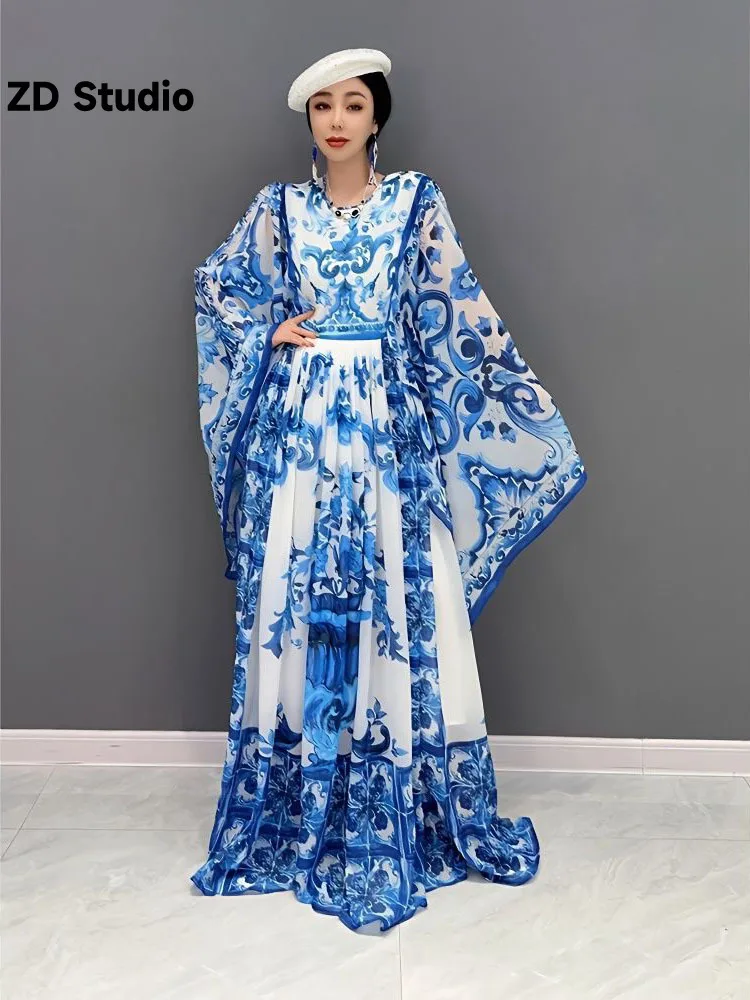 

[ZD Studio] 2023 Summer New Long Sleeve Dress Printed Chiffon Chinoiserie Blue White Pottery Women's Floor Length