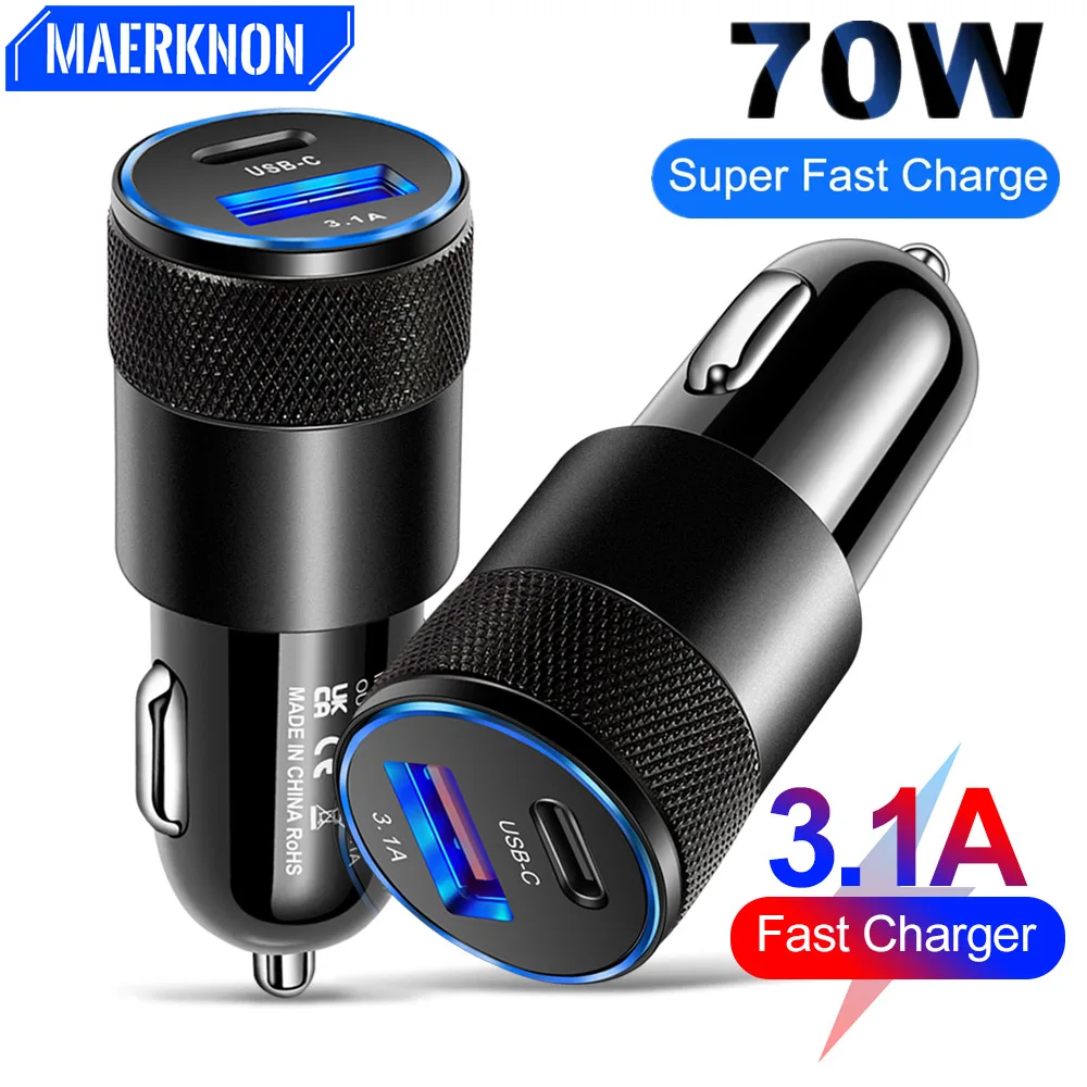 

70W USB PD Car Charger USB Type C Fast Charging Car Phone Adapter for iPhone 14 13 12 Xiaomi Huawei Samsung S23 Quick Charge 3.0