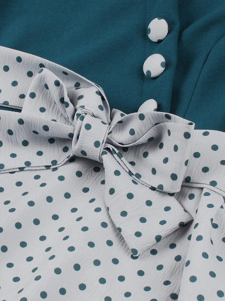 Женское платье в горошек синее стиле Хепберн 50-х годов с квадратным вырезом