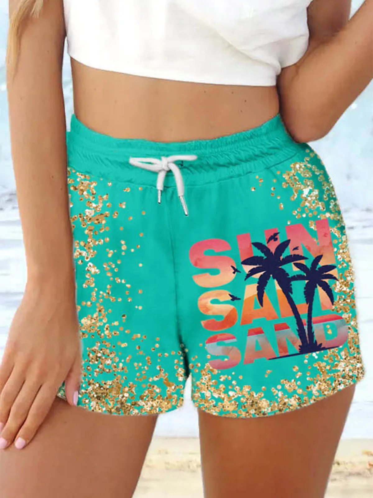 Fashion Sun Salt Sand Coconut Tree Glitter Pocket Shorts Women Clothing Beach Pants Outing Short korea style