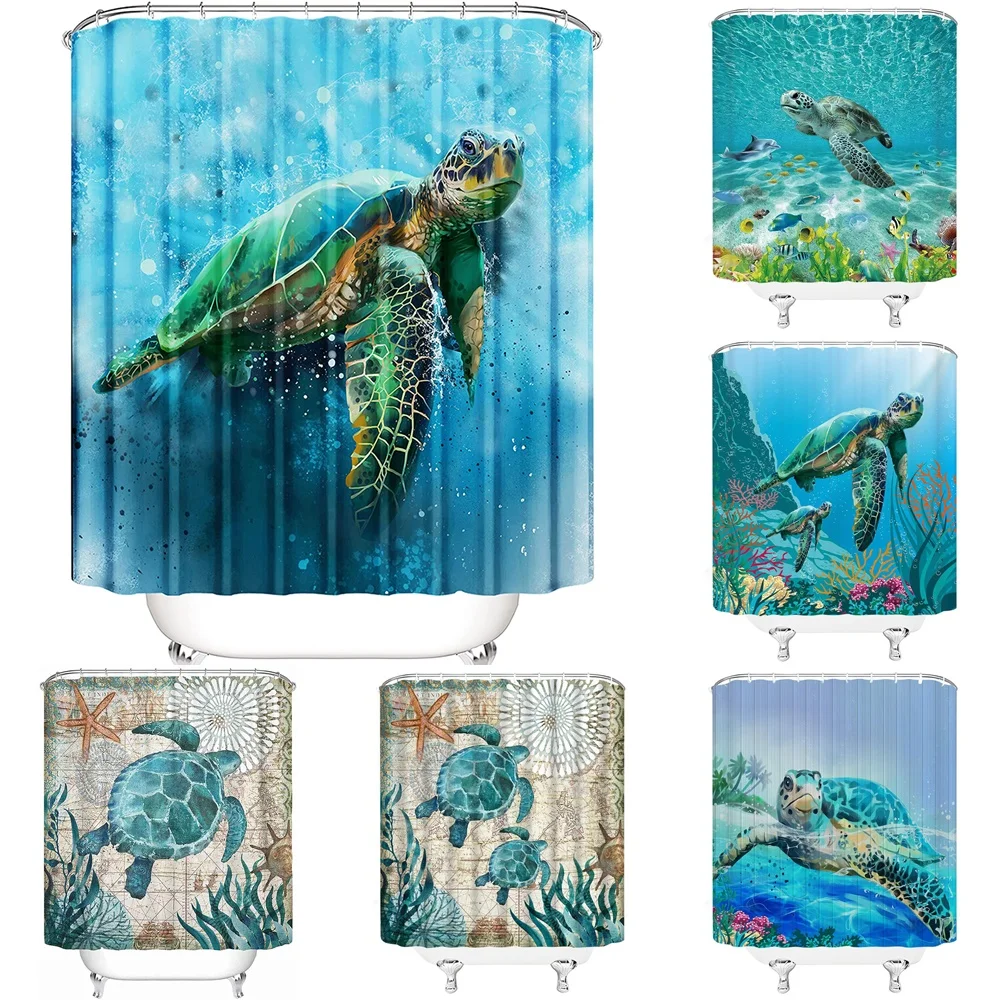 

Sea Turtle Shower Curtain for Bathroom Ocean Underwater Tropical Fish Coral Reef Marine Animal Vintage Fabric Blue Bath Curtains