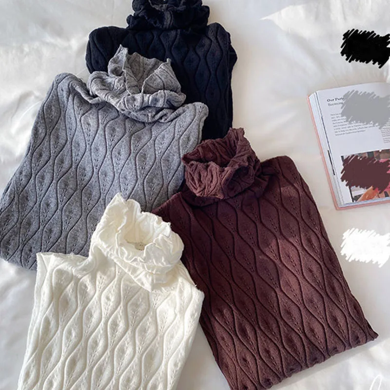 

2022 Warm Slim Sweaters Knitted Tops Spring Korean Turtleneck Pullovers Woman Ins Solid Soft Pull Inner Femme Jumpers