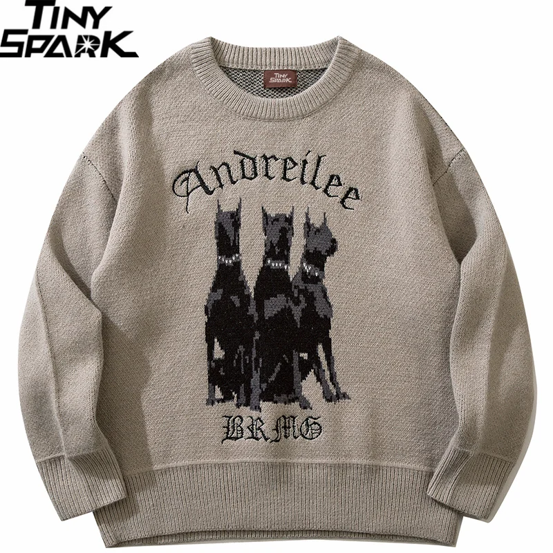 

2023 Men Sweater 3 Doberman Dog Graphic Streetwear Knitted Sweater Hip Hop Retro Pullover Autumn Cotton Casual Sweater Hipster