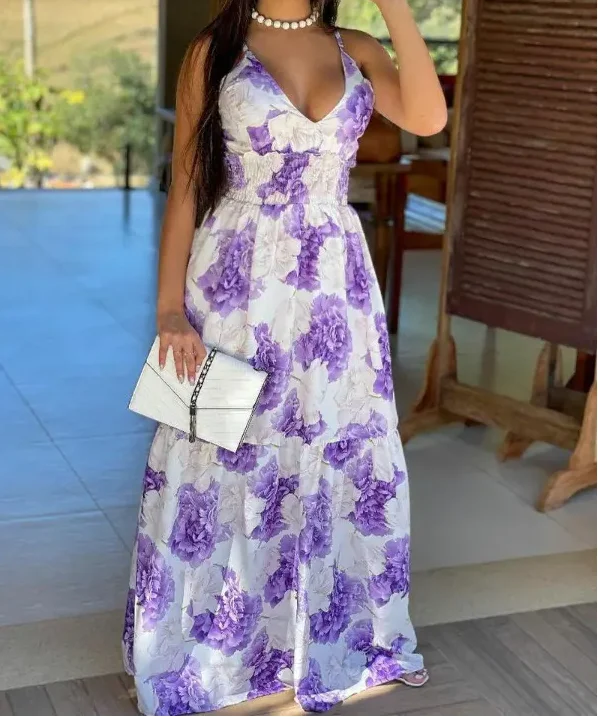 

CHAXIAOA 1 Piece Summer 2022 Women Casual Floral Print Shirred Waist Vacation A Line Cami Maxi Dress