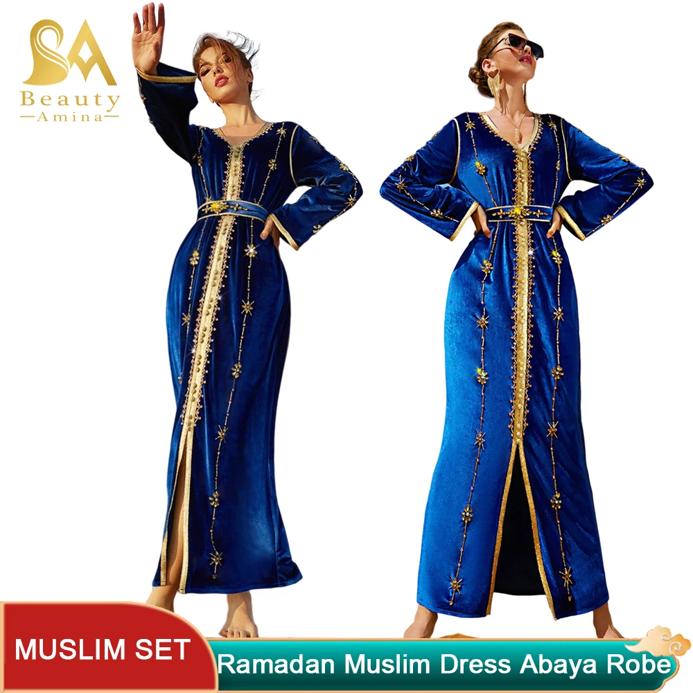2023 New Ramadan Dress Handmade Sewing Drill Sapphire Velvet Dress Dubai Turkey Morocco Party Dressds Muslim  Evening Dress Set