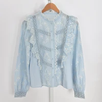 2022 spring and summer new french pastoral style stand up collar hollow embroidery lotus leaf lace long sleeved shirt