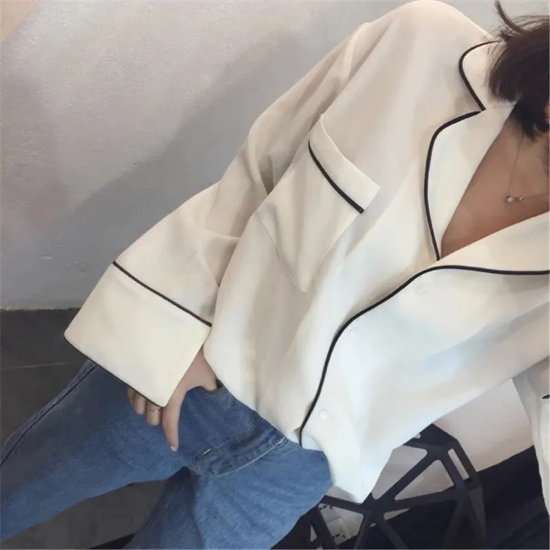 Women New Autumn Fashion Shirts Japanese Kimono Black White Long Sleeve Loose Tops Color Contrast Casual V Neck Blouse | Женская одежда