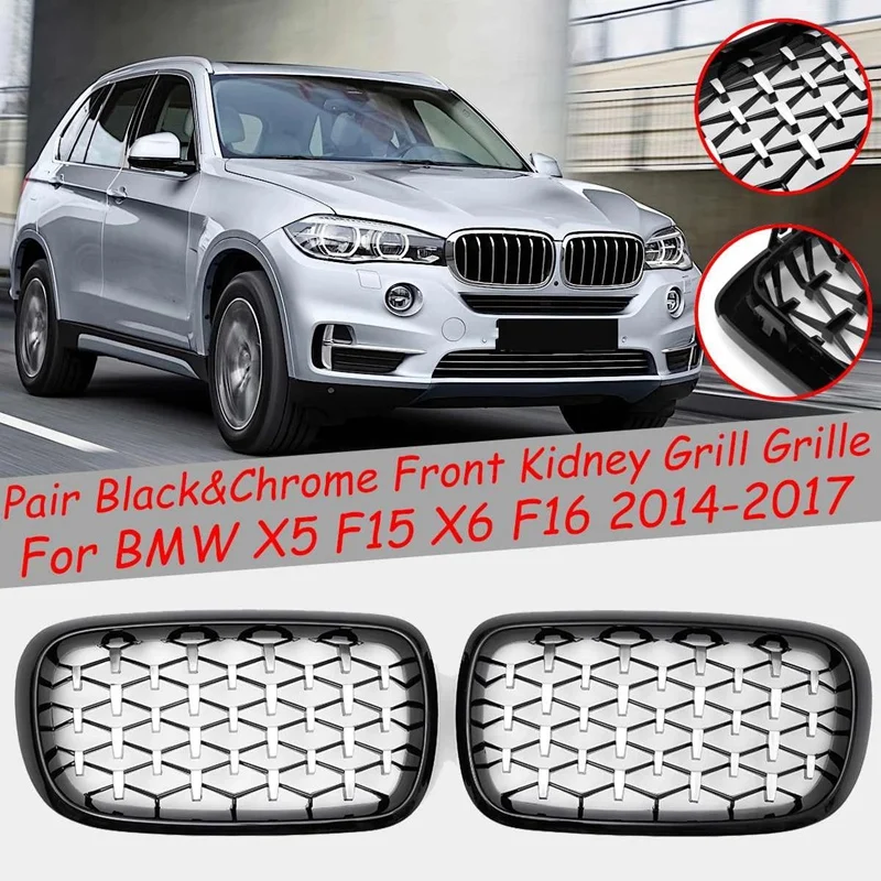 

2PCS Front Kidney Diamond Meteor Style Grille Grills for -BMW X5 F15 X6 F16 2014-2017 Racing Grill Black&Chrome