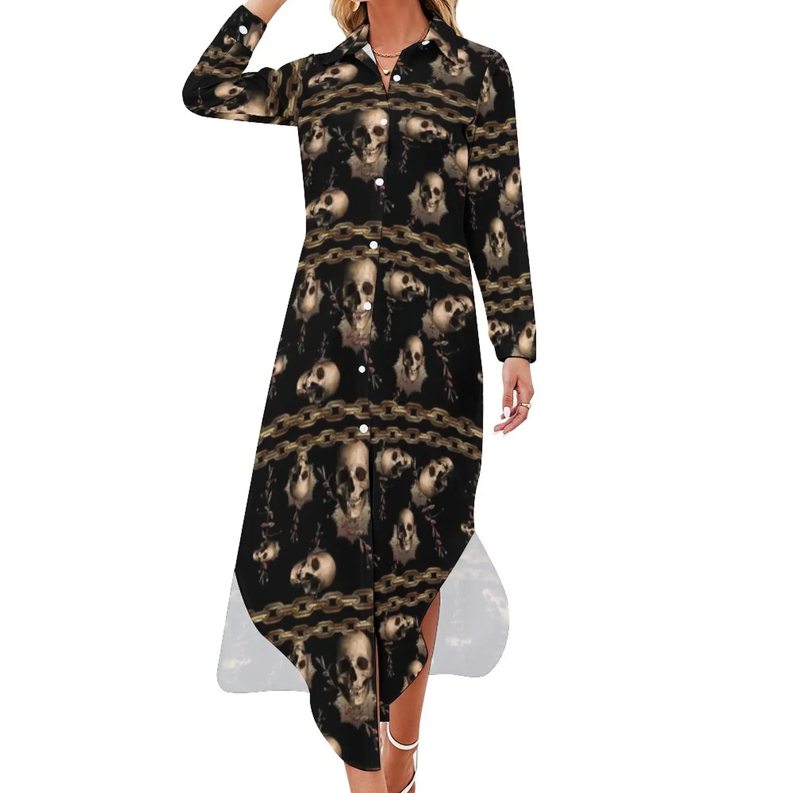 Шифоновое платье в стиле стимпанк с черепом золотая цепочка мотивационные