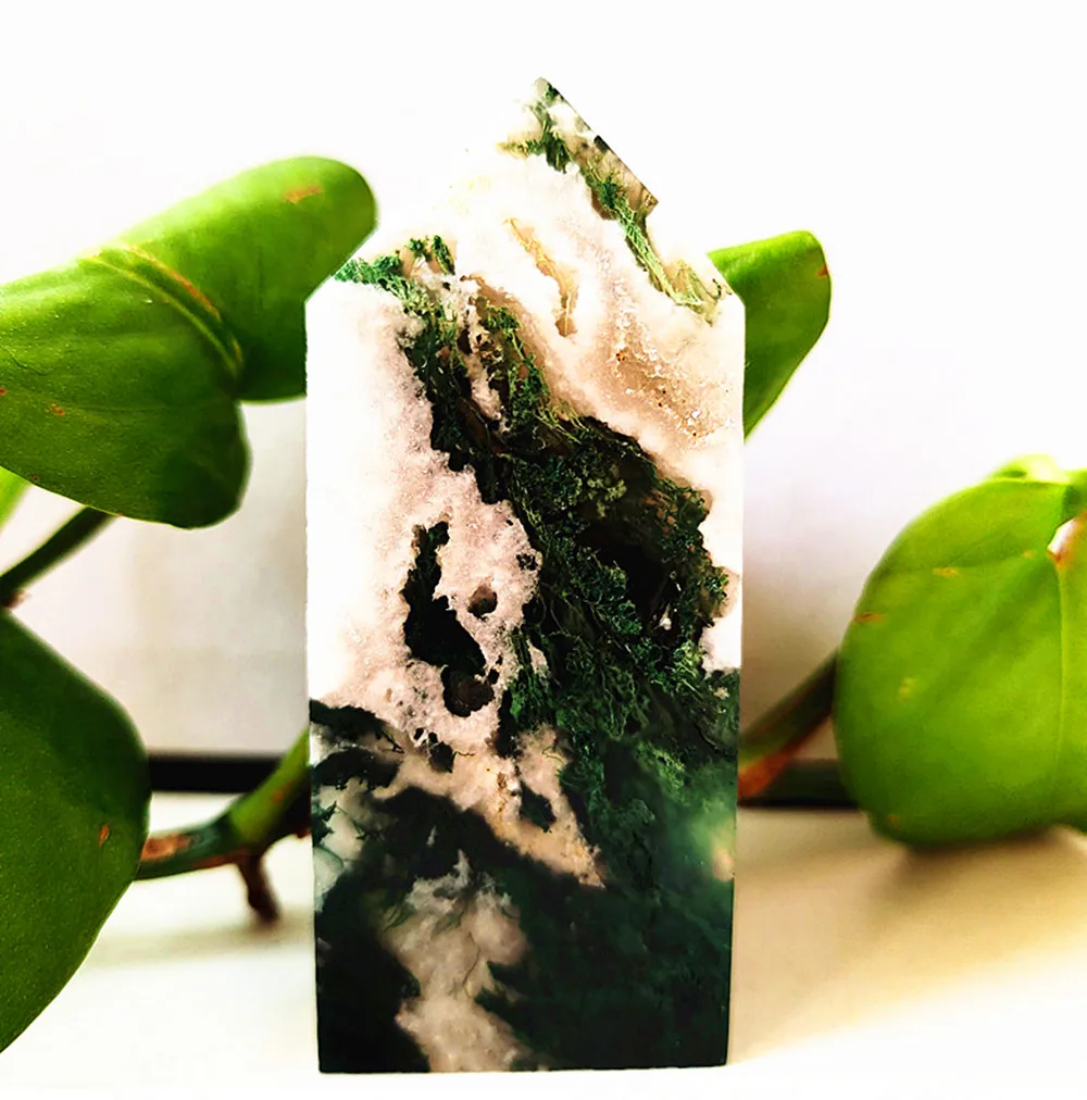

400-450g Natural moss agate crystal tower wand point stone obelisk room decorated water grass aquarium voodoo healing