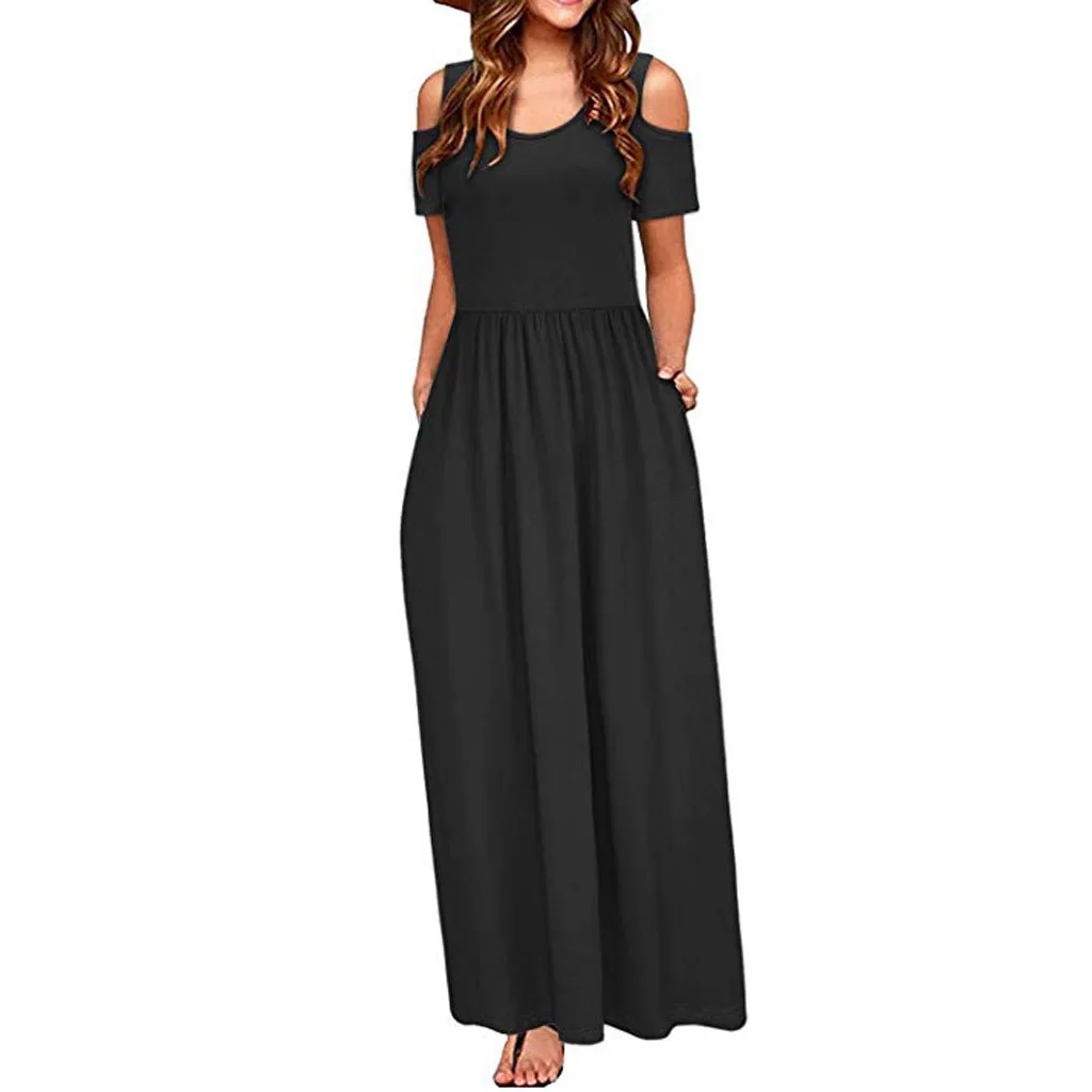 

Maxi Summer Print Dress Long Cold Shoulder Floral Pocket Dress Women Elegant Women's Dress Short Peach Dress