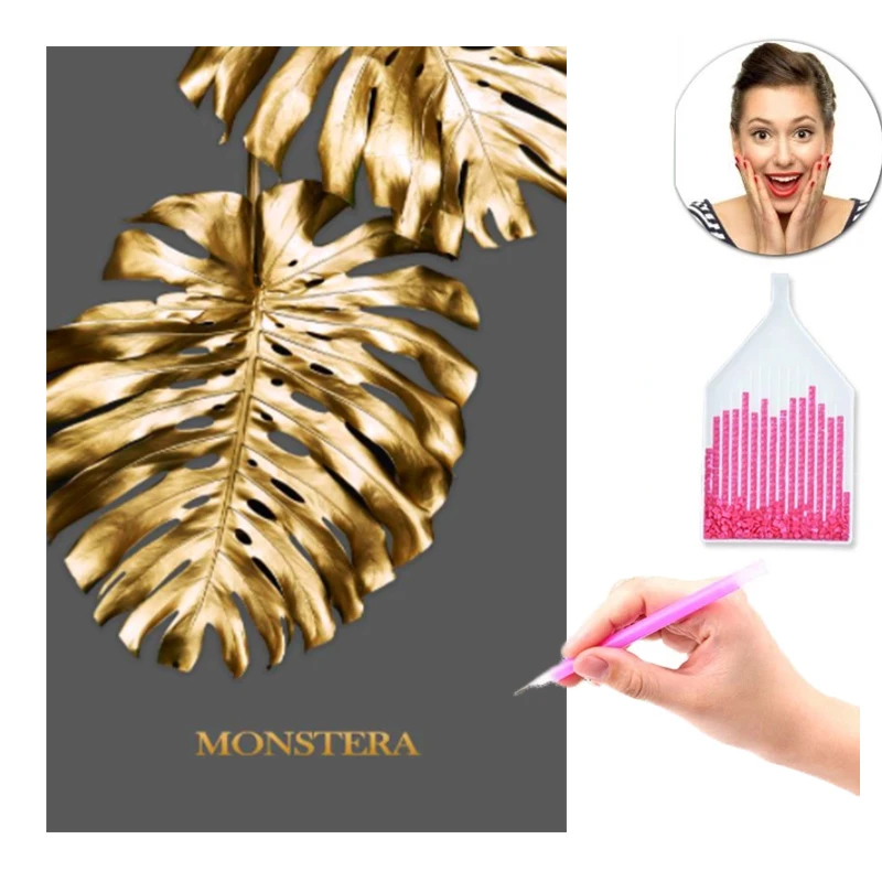 

Nordic Golden Abstract Leaf Flower 5D DIY Diamond Painting Black White Feather Full Round Drill Embroidery LivingRoom Wall Decor