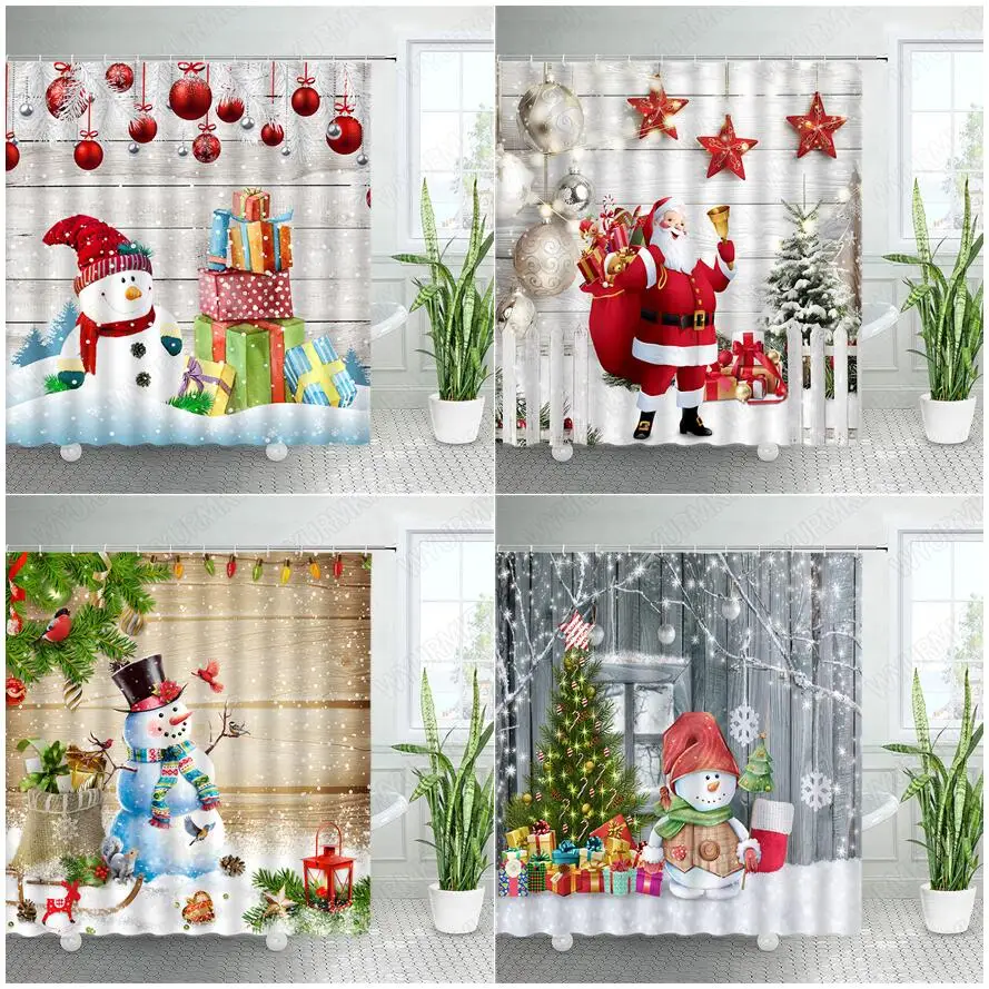 

Рождественские занавески для душа, снеговик, Санта-Клаус, подарок, Рождественская елка, винтажная деревянная доска, веревочный шар, новогод...