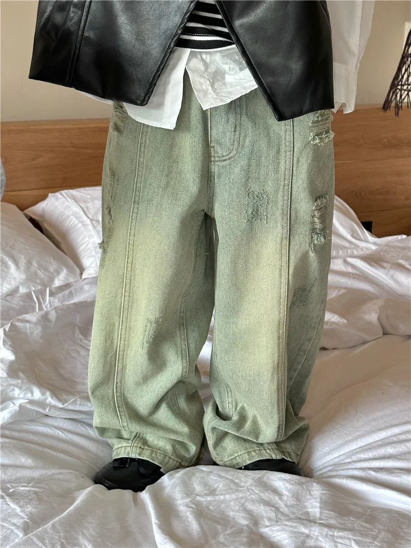 

Детские джинсы, Новинка осени 2023, прямые джинсы с дырками для мальчиков и девочек, детские повседневные брюки