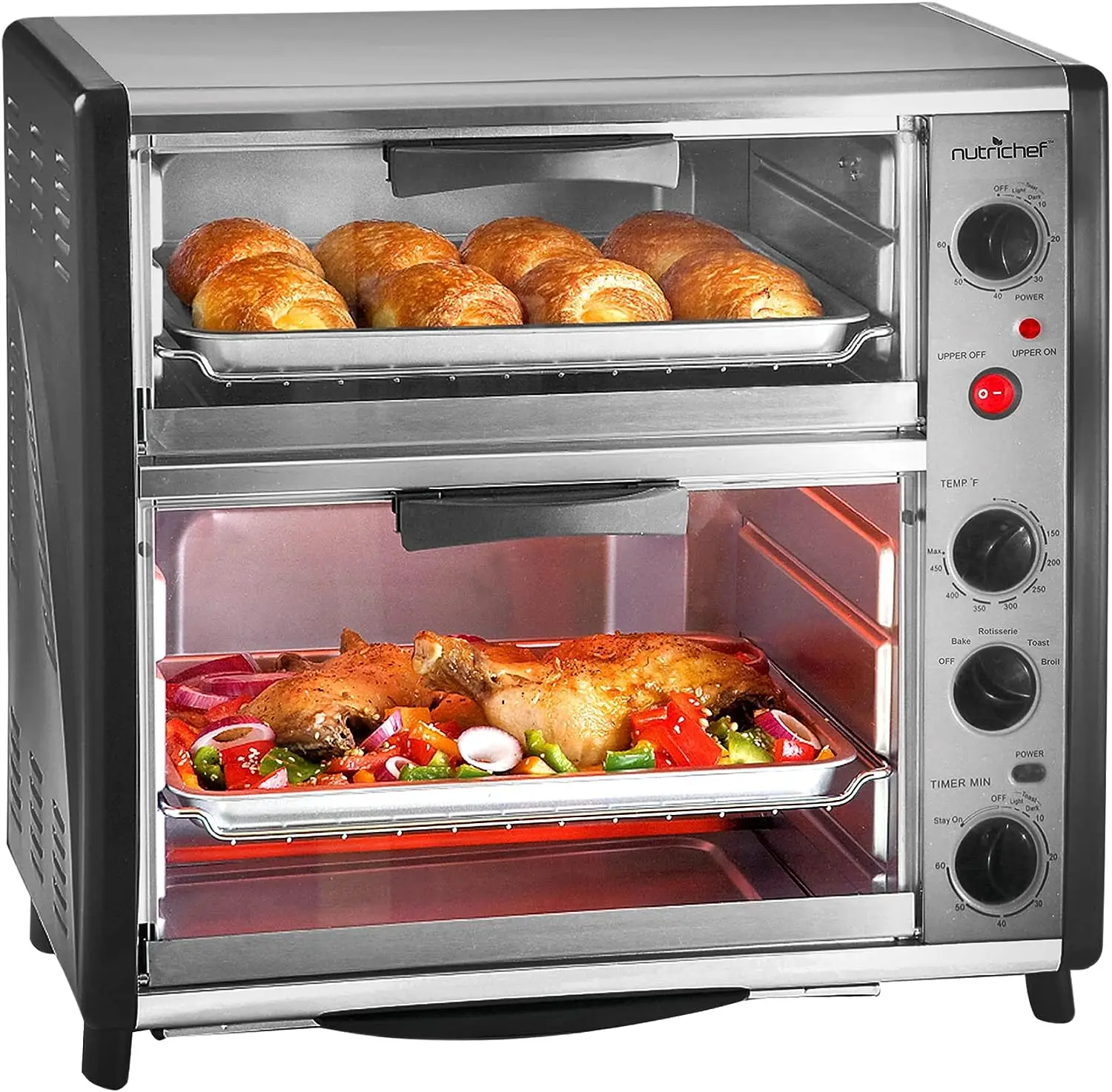 

Dual Oven Cooker, Toaster, Broiler Roast And Rotisserie Convection Cooking Ready, Large 42 QT Capacity Dual Tier Oven, For Kitch