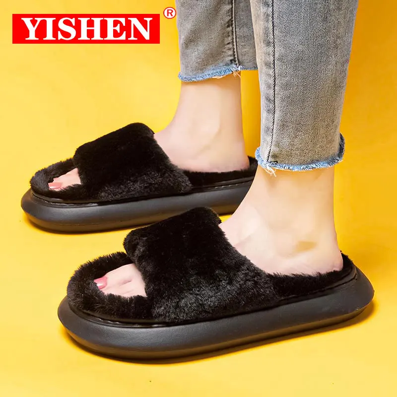 YISHEN Fur Slippers Women Slides Furry Flat Sandals Indoor House Shoes Thick Slides Ladies Flip Flop Luxury Zapatillas De Piel