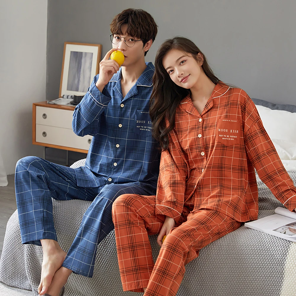 

Couples Fashion Plaid Sleepwear Women 100% Cotton Pajama Sets Winter Casual Trouser Suits Comfort Breathable Pajamas for Women