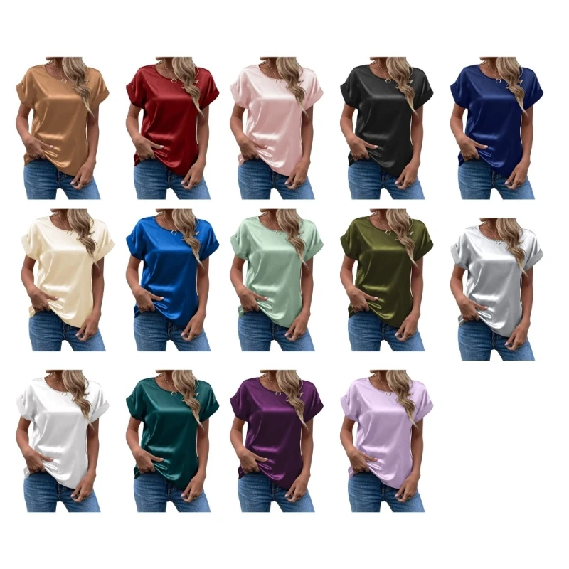 

Women Short Sleeve Shirts Casual Loose Crew Neck Plain Elegant Satin Blouses Top