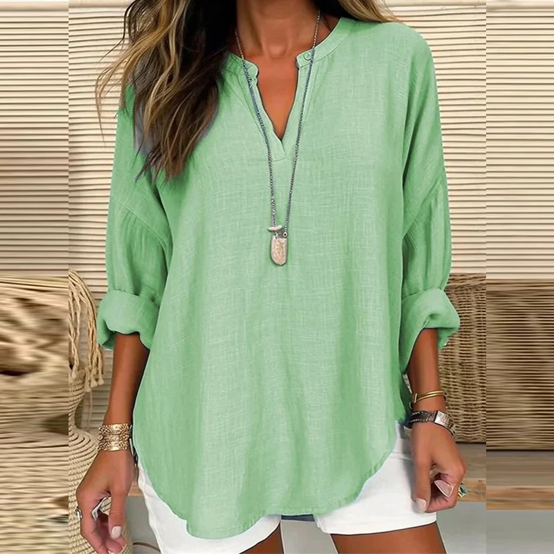 

Lady Summer Casual Long Sleeve Shirts and Blouses Vestidos Women Vintage Blouse Shirts New Fashion V Neck Cotton Linen Tops