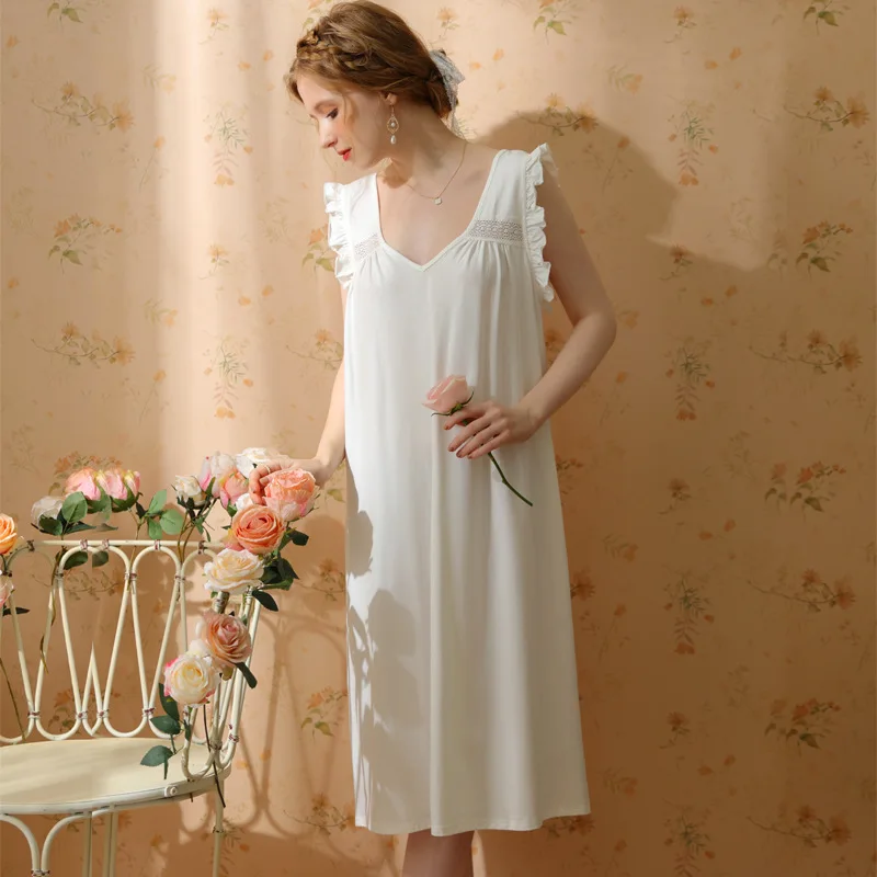 2023 Summer New Nightdress Sling Pajamas Cotton Long Palace Princess Sleeveless Sexy Loose French Style Home Clothes