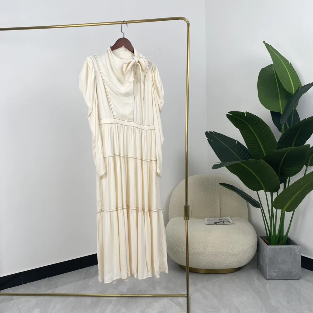 

Женское платье миди с длинными рукавами-фонариками, бежевое, темно-синее элегантное платье из вискозы, осень 2021