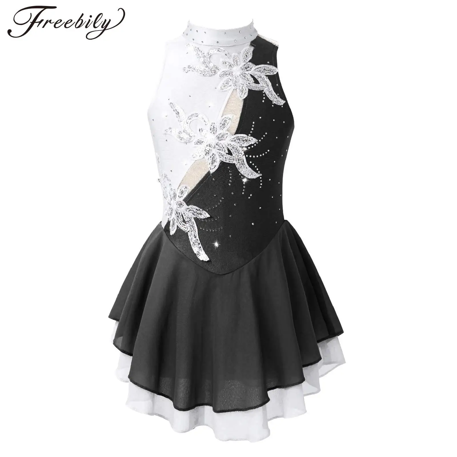 

Girls Sleeveless Sheer Mesh Figure Skating Dance Dress Sequin Floral Hollow Ballet Leotards Dress Training Performance Dancewear